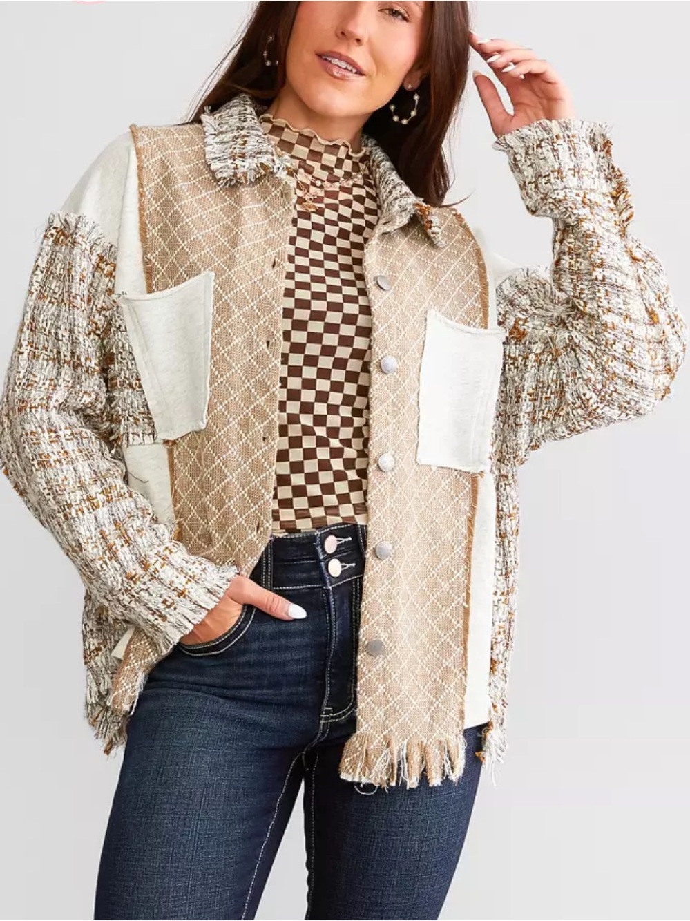 Miss Me Peiced Twill Print Jacket Button Down Shirt Size L